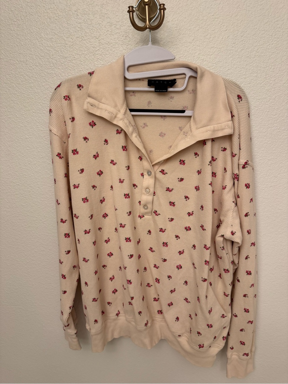 Hatch Cream Waffle-Knit Top with Small Pink Floral Print